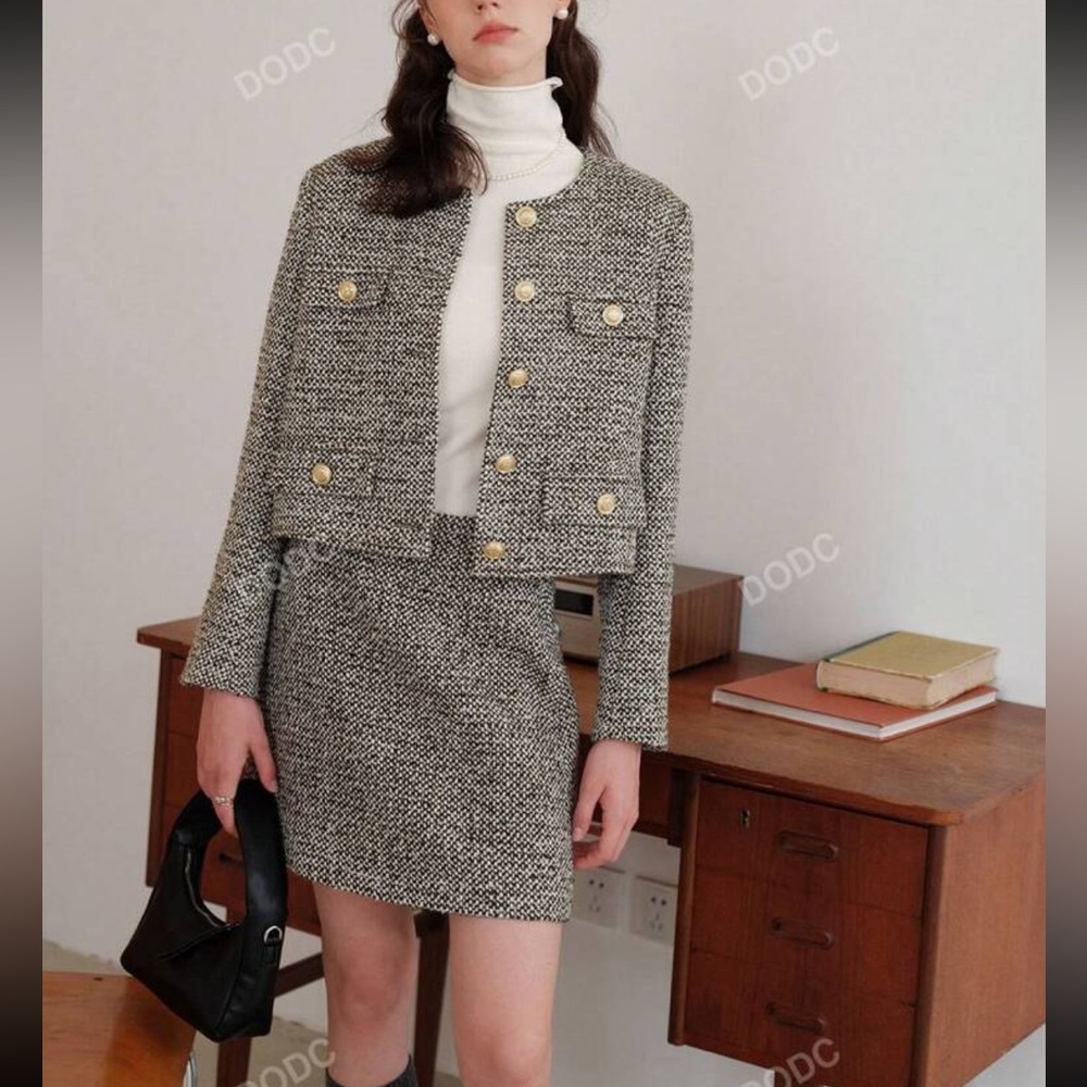 2 piece set- Green/ivory tweed textured collarless blazer cardigan & mini skirt - Picture 4 of 16